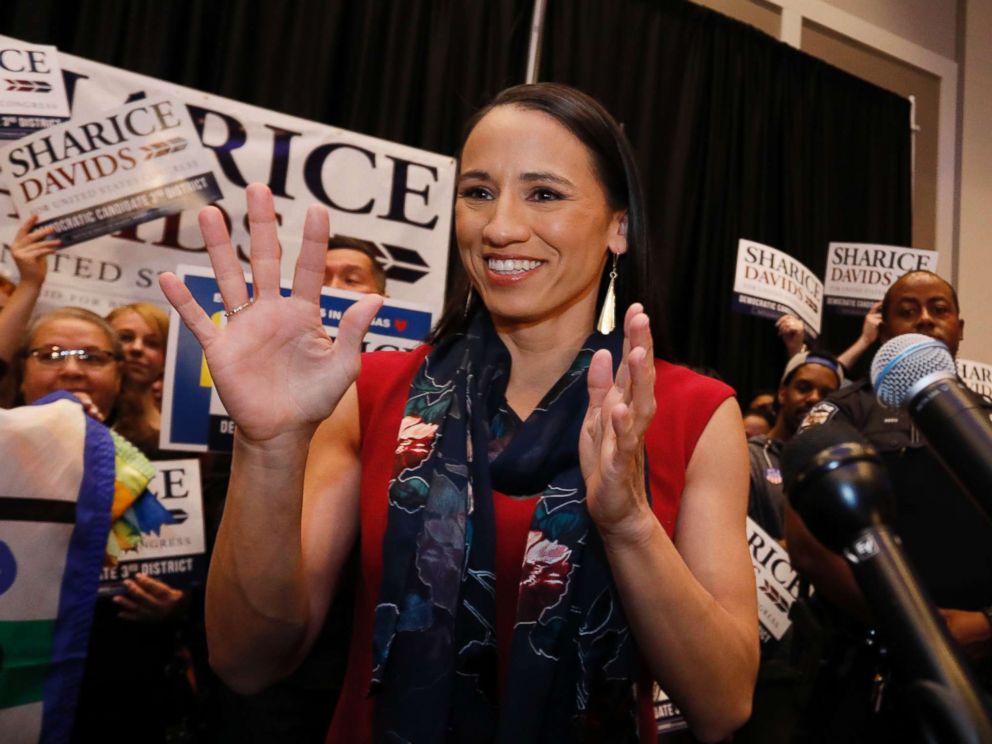 PHOTO: Democrat house candidate Sharice Davids reacts before speaking to supporters at a victory party in Olathe, Kan., Nov. 6, 2018.