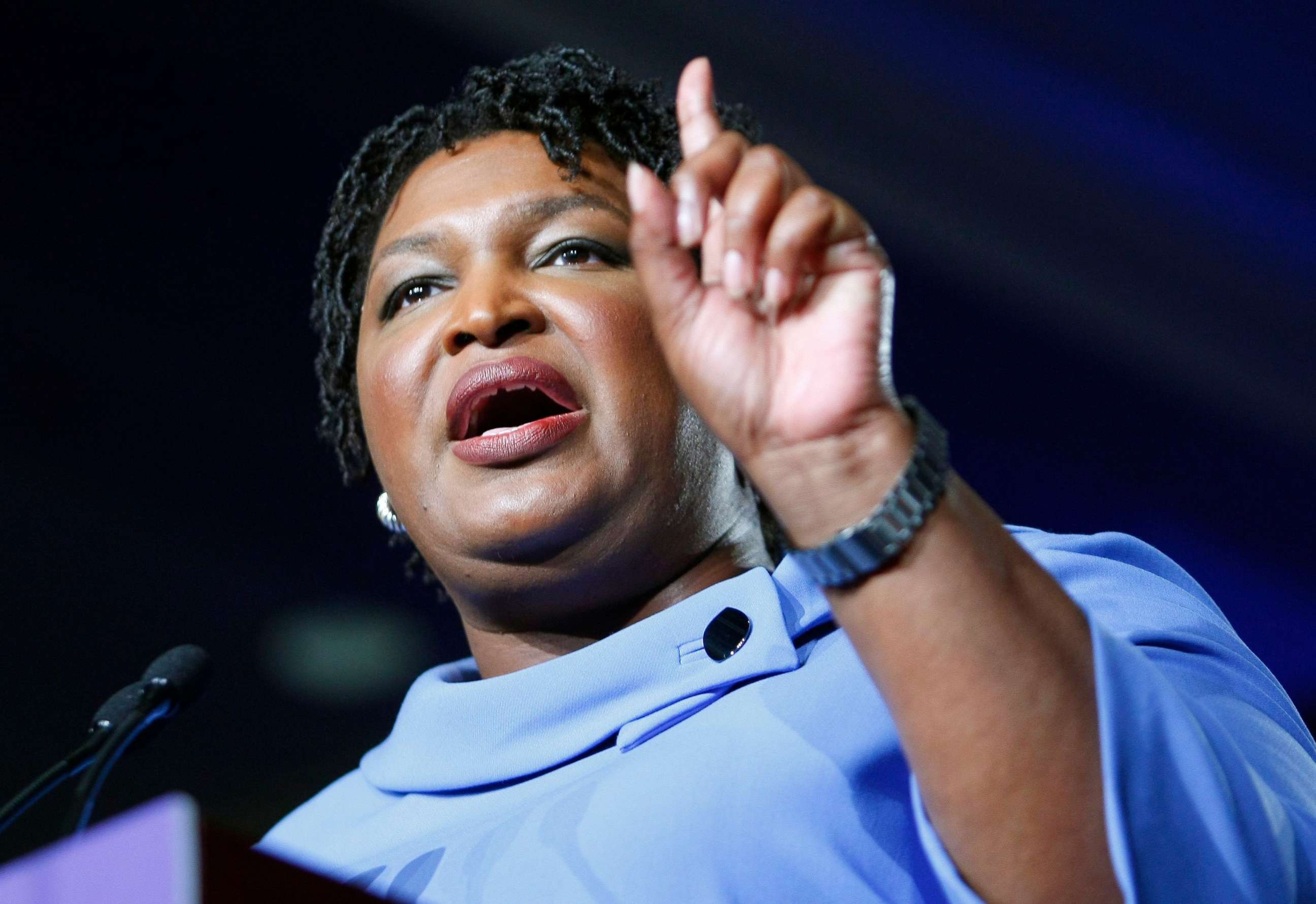 PHOTO: Democratic Gubernatorial candidate Stacey Abrams speaks to supporters and refuses to concede at her election night headquarters at the Hyatt Regency in Atlanta, Nov. 6, 2018.