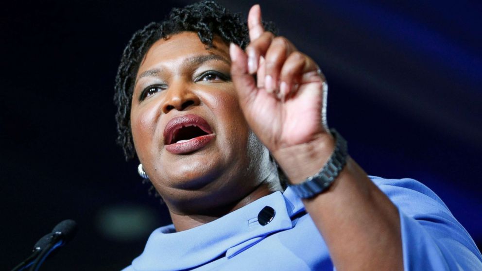 PHOTO: Democratic Gubernatorial candidate Stacey Abrams speaks to supporters and refuses to concede at her election night headquarters at the Hyatt Regency in Atlanta, Nov. 6, 2018.