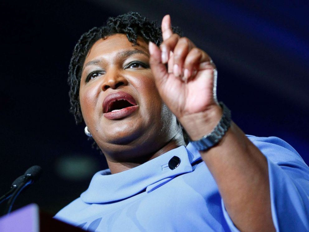 PHOTO: Democratic Gubernatorial candidate Stacey Abrams speaks to supporters and refuses to concede at her election night headquarters at the Hyatt Regency in Atlanta, Nov. 6, 2018.