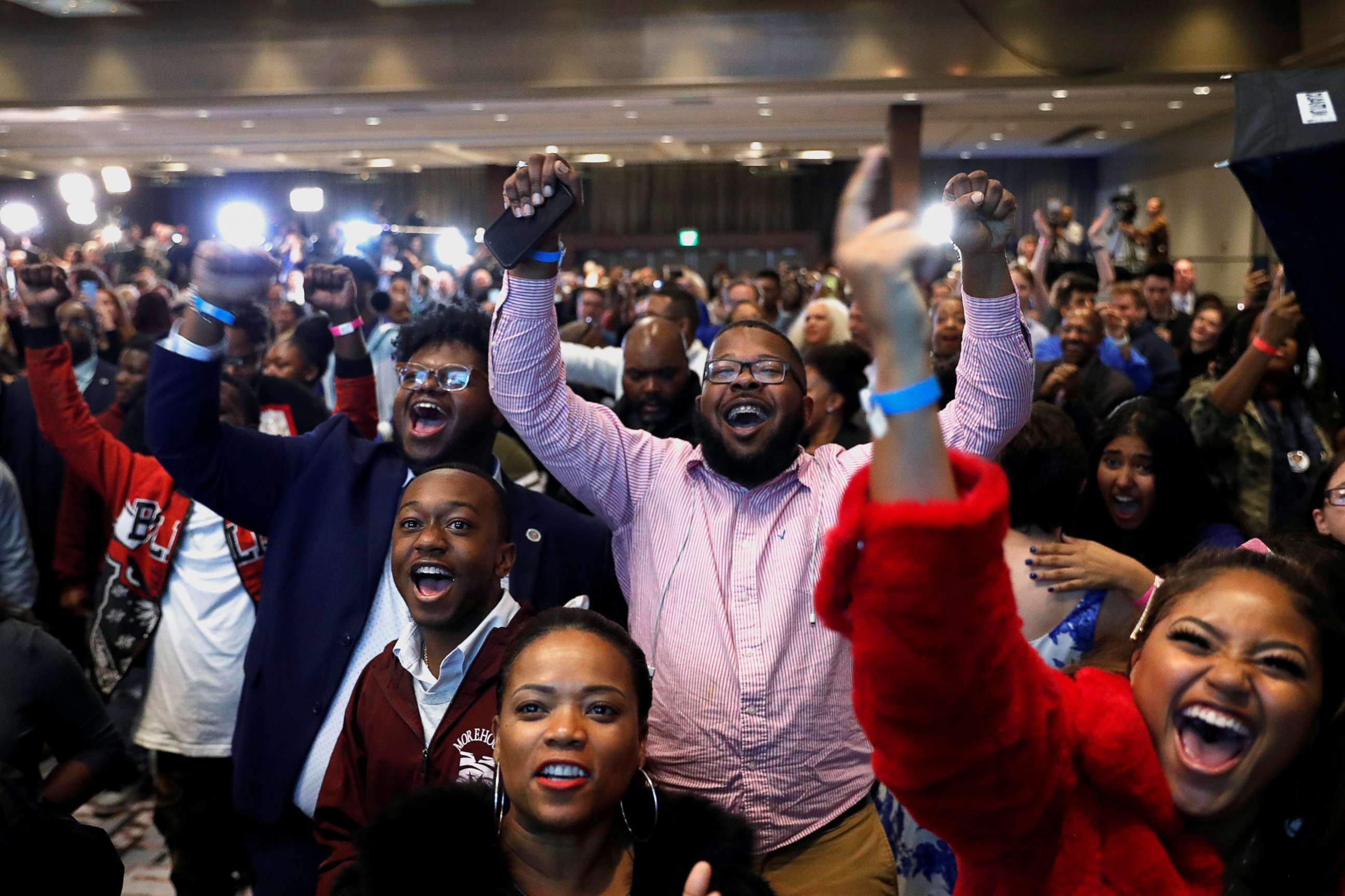 PHOTO: Supporters react after the Abrams campaign announced they were closing the gap during a midterm election night party for Georgia Democratic gubernatorial nominee Stacey Abrams in Atlanta, Nov. 6, 2018.