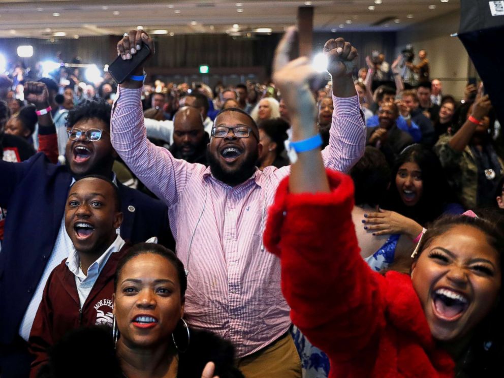 PHOTO: Supporters react after the Abrams campaign announced they were closing the gap during a midterm election night party for Georgia Democratic gubernatorial nominee Stacey Abrams in Atlanta, Nov. 6, 2018.