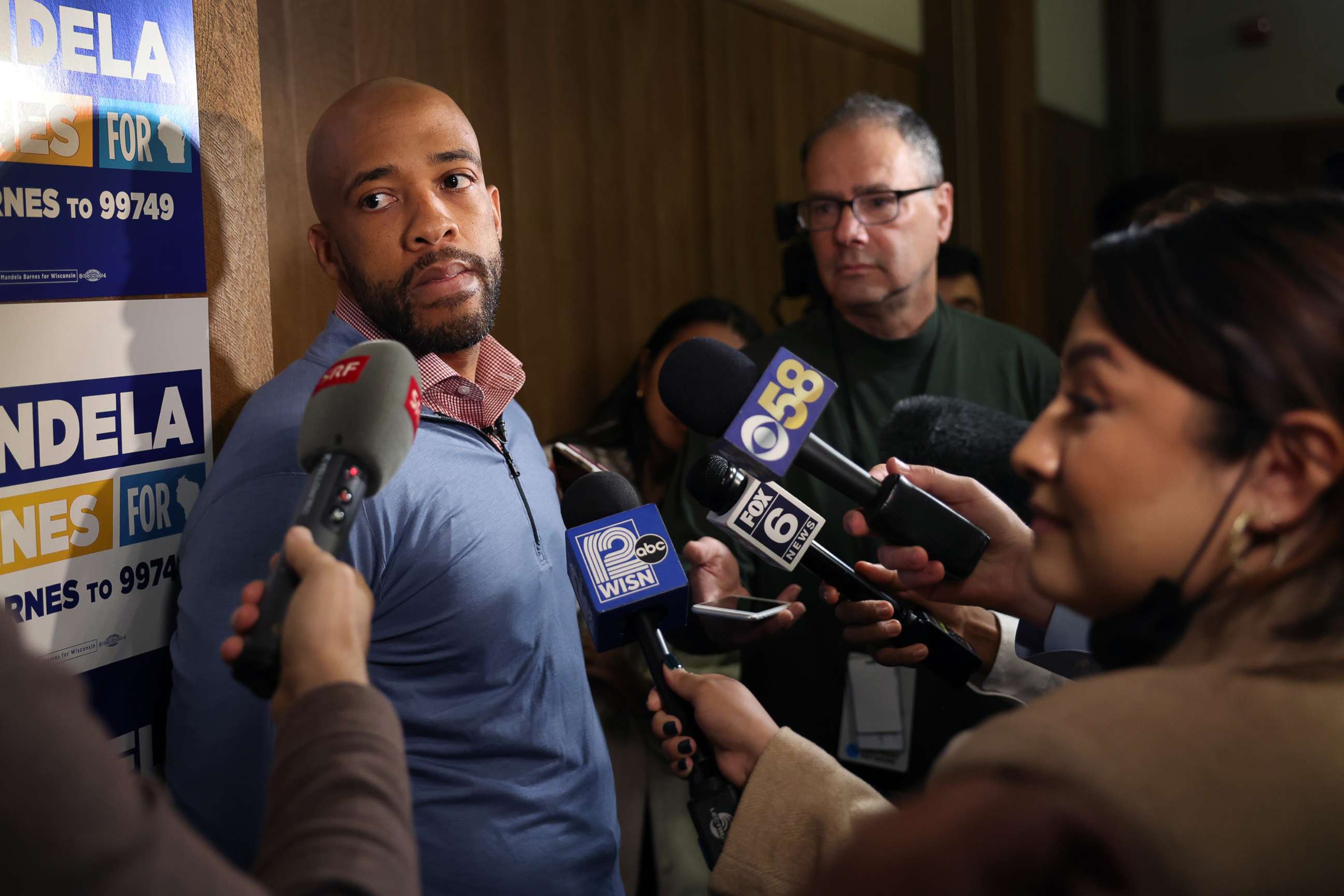 PHOTO: Democratic candidate for U.S. senate in Wisconsin Mandela Barnes speaks to the press during a campaign rally in Milwaukee, Sept. 24, 2022. 