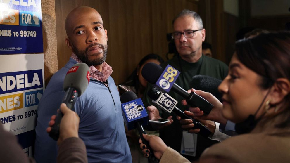 PHOTO: Democratic candidate for U.S. senate in Wisconsin Mandela Barnes speaks to the press during a campaign rally in Milwaukee, Sept. 24, 2022.