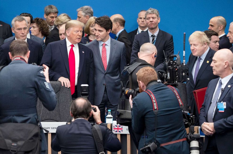 PHOTO: President Donald Trump is joined by UK Prime Minister Boris Johnson and Canadian Prime Minister Justin Trudeau in attending the NATO summit at the Grove Hotel in Watford England, Dec. 4, 2019.