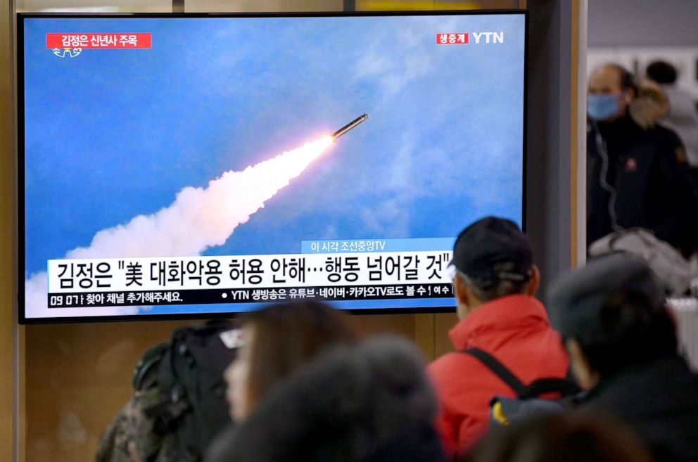 PHOTO: File footage of North Korea's missile test is shown on television news programme at a railway station in Seoul on Jan. 1, 2020. 