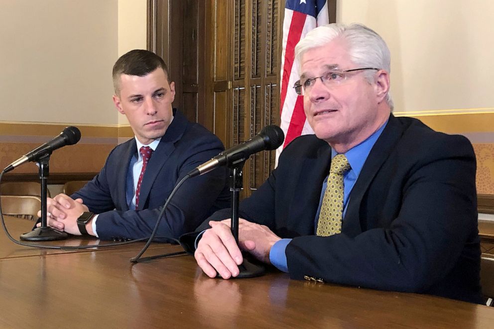 PHOTO: House Speaker Lee Chatfield and Senate Majority Leader Mike Shirkey, of Michigan,  speak to the media at the Capitol in Lansing, Mich., Jan. 30, 2020.