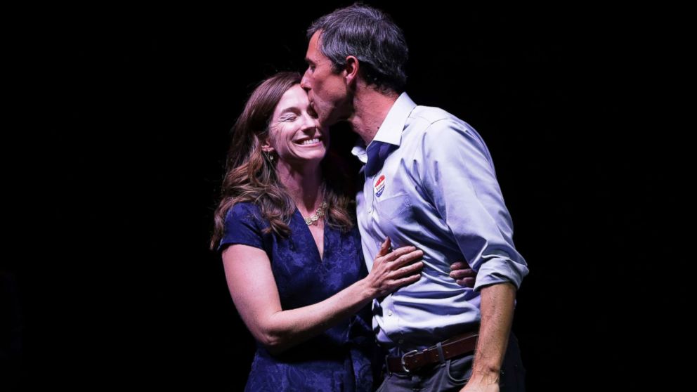 PHOTO: Rep. Beto O'Rourke kisses his wife, Amy Sanders, at his election night party, Nov. 6, 2018, in El Paso, Texas