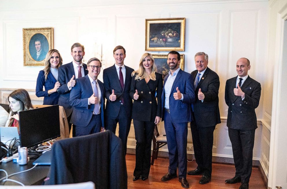 Lara Trump,Eric Trump,Bill Stepien,Jared Kushner,Ivanka Trump,Donald Trump Jr., Mark Meadows and Stephen Miller in an election night White House photo Nov.3,2020,published in ABC Correspondent Jonathan Karl's book,Betrayal:The Final Act of the Trump Show