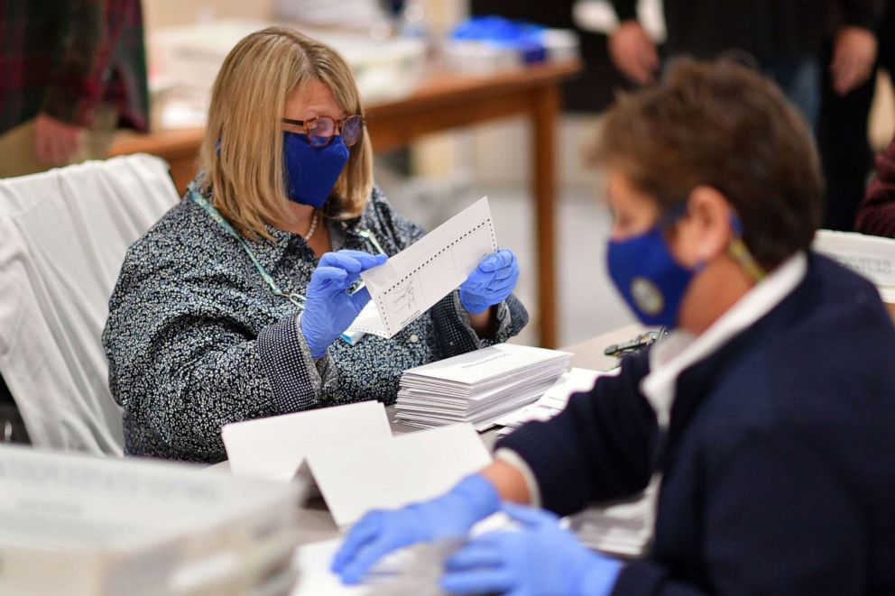 PHOTO: Lackawanna County employees open, sort and count mail-in ballots for the 2020 Presidential Election in Scranton, Pa. Nov. 3, 2020.