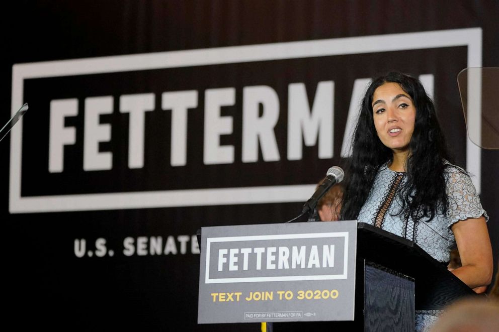 PHOTO: Gisele Barreto Fetterman, the wife of Pennsylvania Lt. Gov. John Fetterman, who is running for the Democratic nomination for the Senate, speaks to supporters after the race was called for Fetterman in Imperial, Pa., May 17, 2022.
