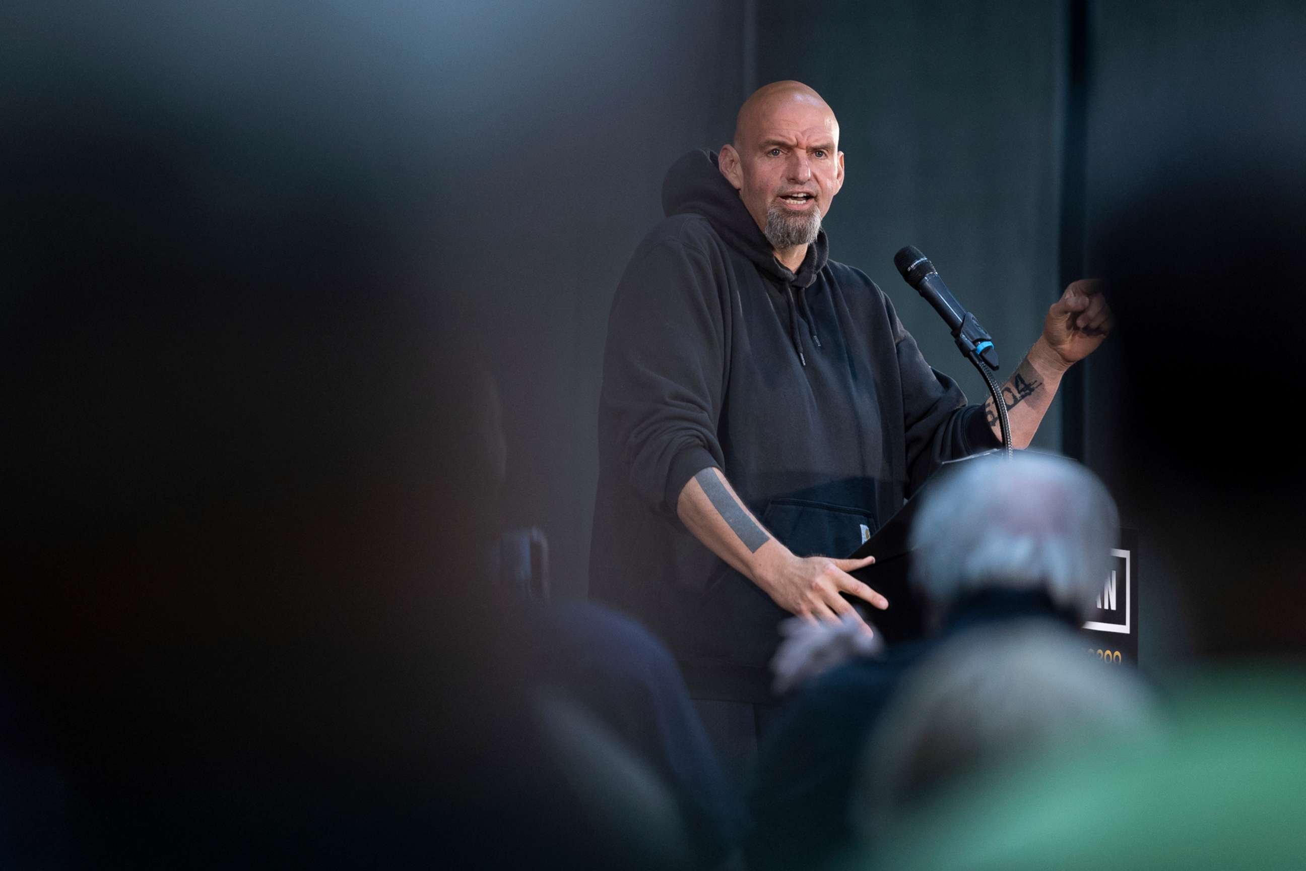 PHOTO: Pennsylvania Lt. Gov. and Democratic candidate for U.S. Senate John Fetterman speaks at a rally at Riverfront Sports in Scranton, Pa., Sept. 17, 2022.
