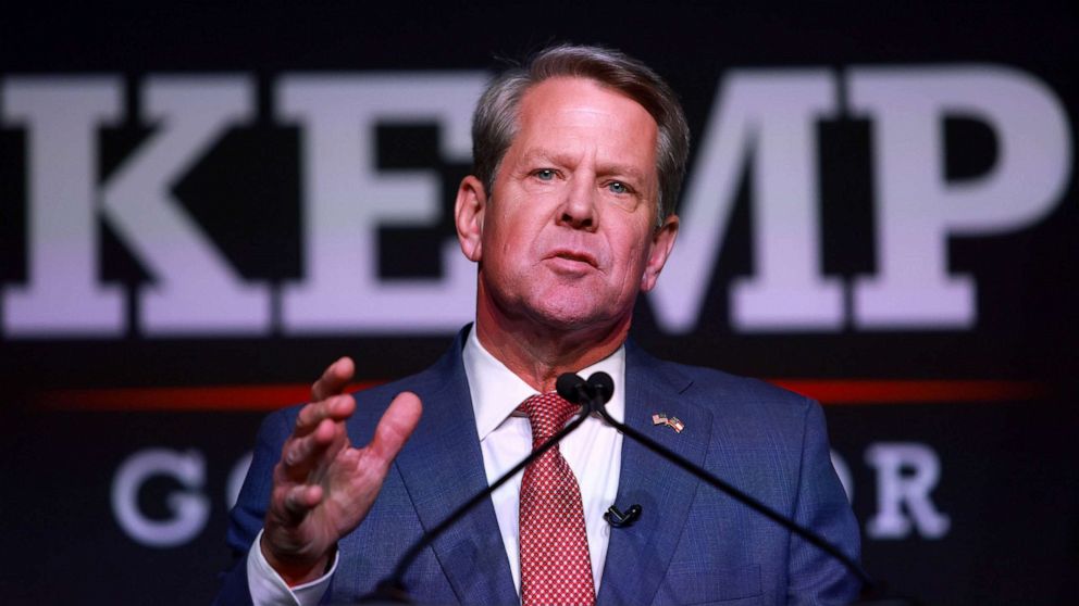 PHOTO: Republican gubernatorial candidate Gov. Brian Kemp speaks during his primary night election in Atlanta, May 24, 2022.