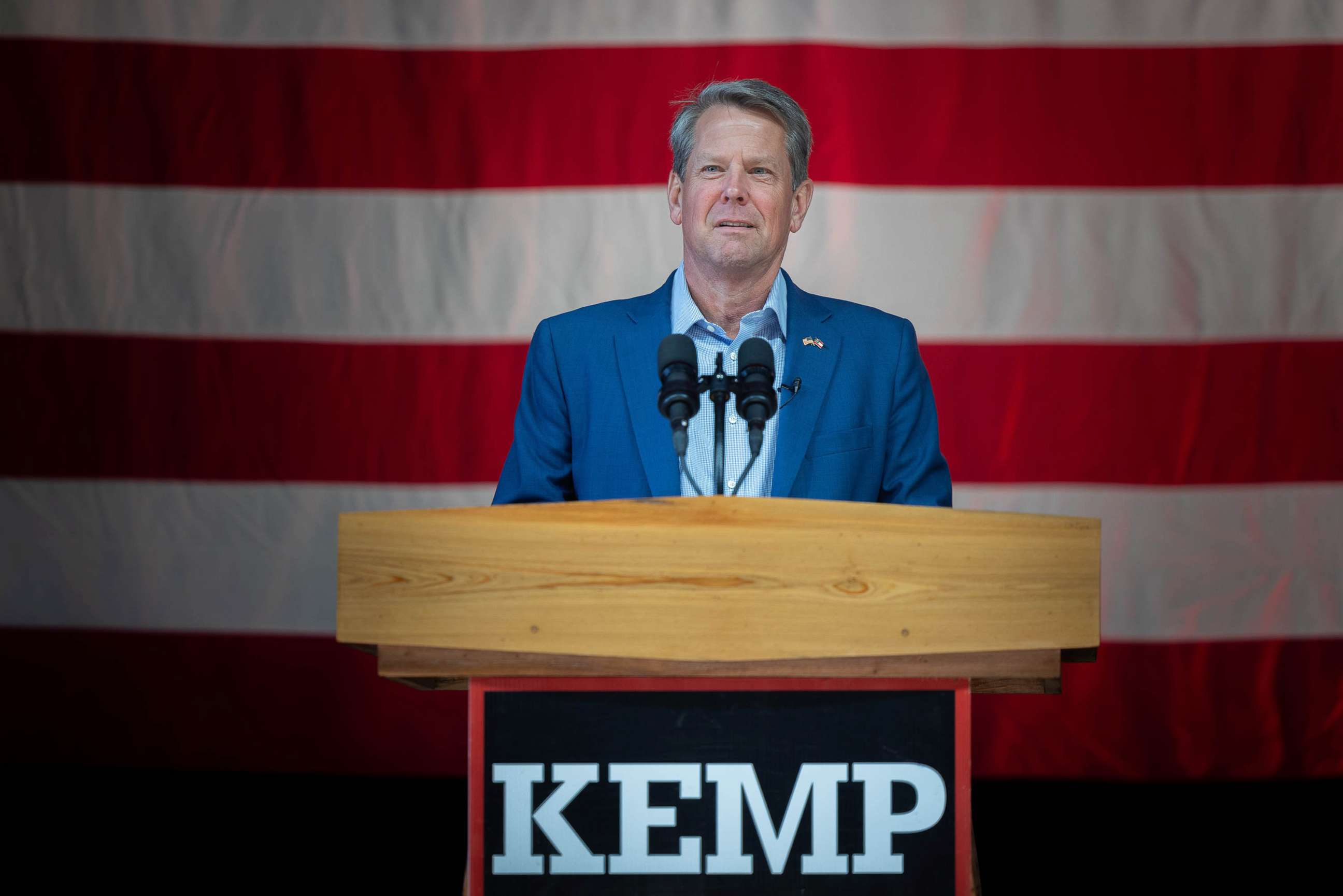 PHOTO: Governor Brian Kemp speaks at a campaign rally at with Former Vice President Mike Pence on May 23rd, 2022 in Kennesaw, Ga., May 23, 2022. 