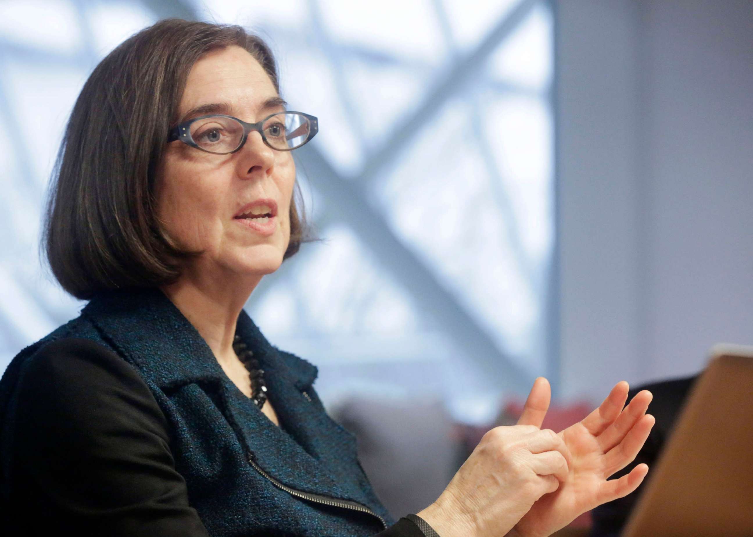 PHOTO: Kate Brown, governor of Oregon, speaks during an interview in Portland, Ore., Jan. 20, 2016. 