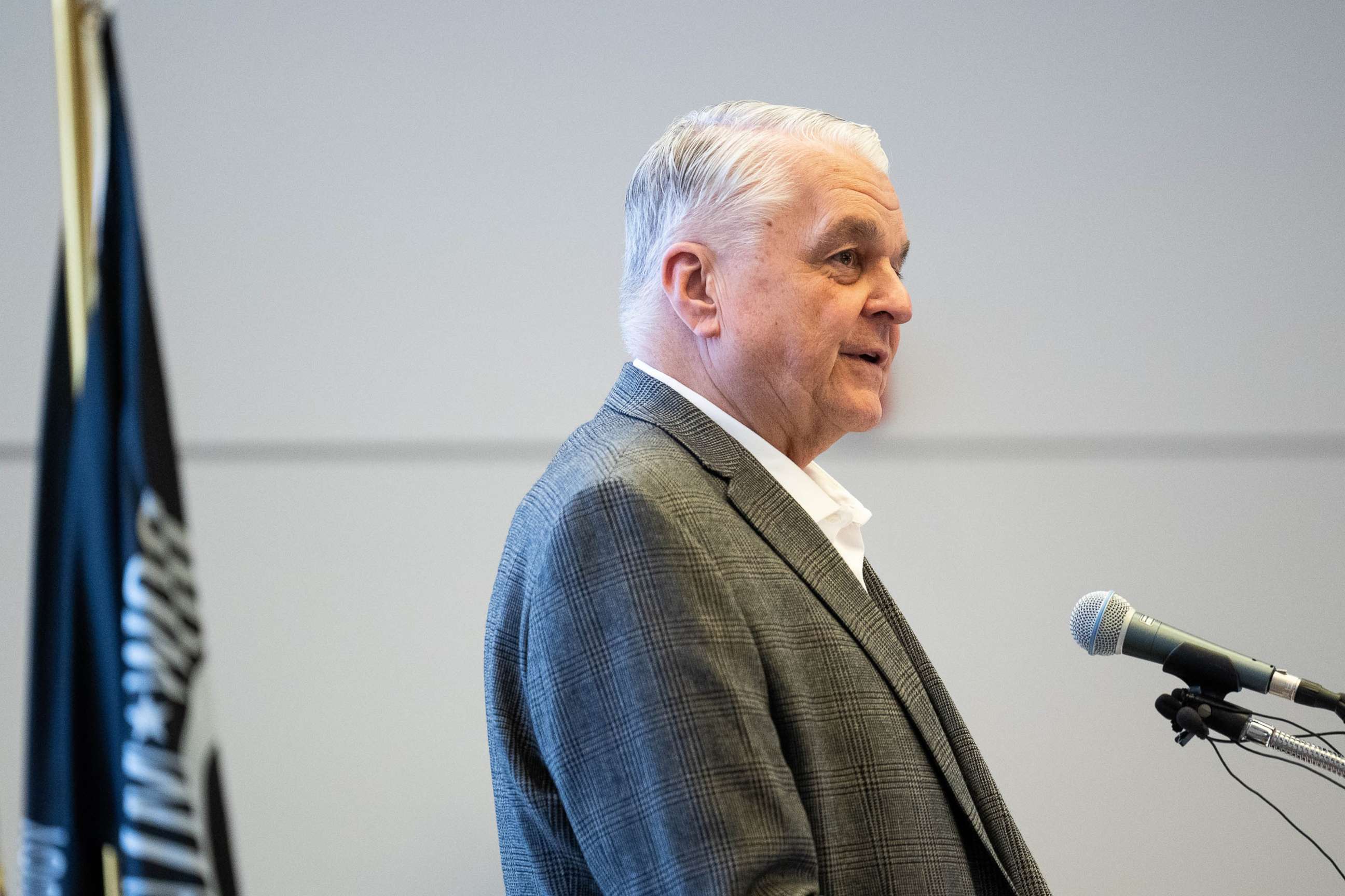 PHOTO: Gov. Steve Sisolak speaks at the Memorial Day Ceremony at the Southern Nevada Veterans Memorial Cemetery in Boulder City, Nev., May 30, 2022.