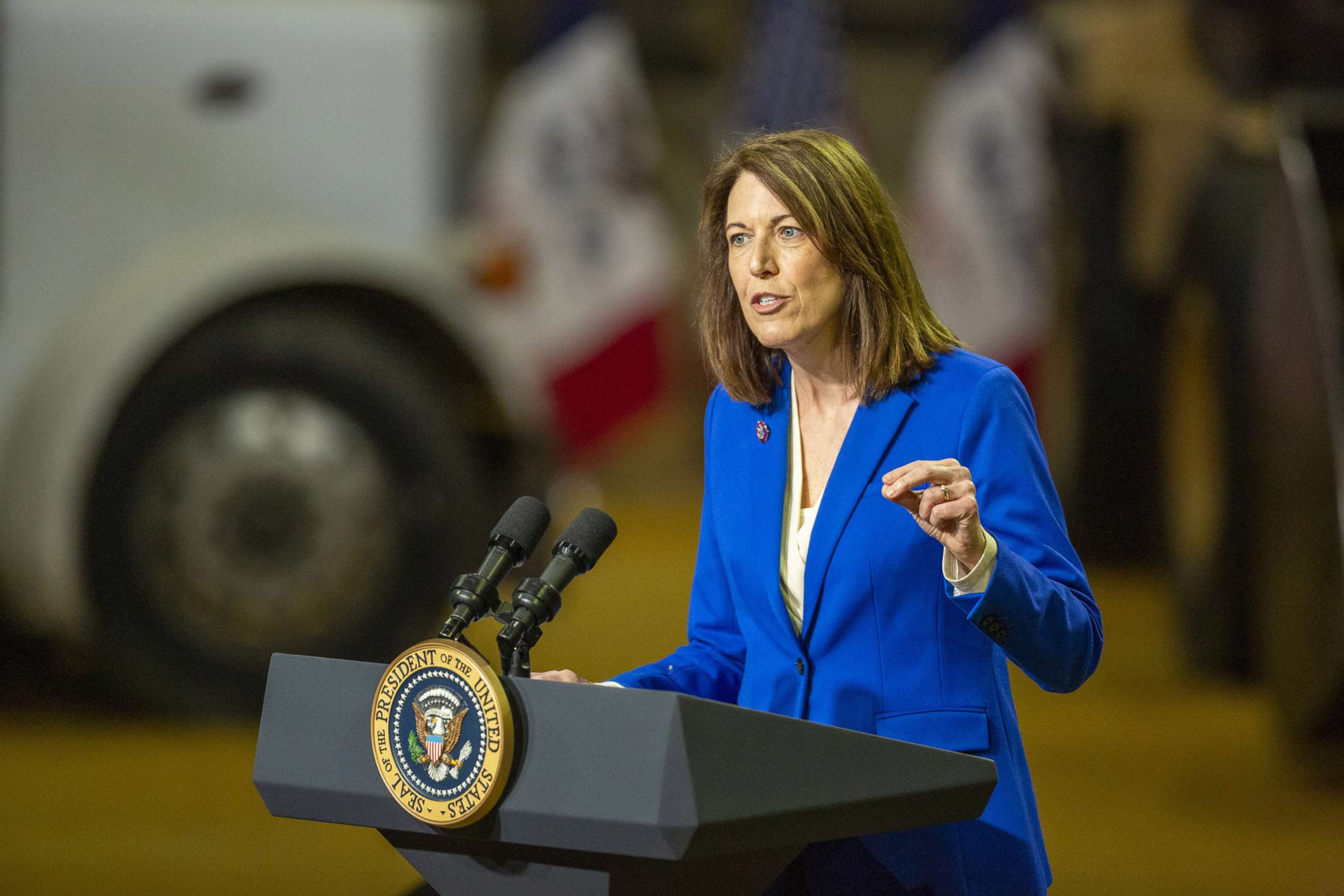 PHOTO: Rep. Cindy Axne speaks during an event in Menlo, Iowa, April 12, 2022.