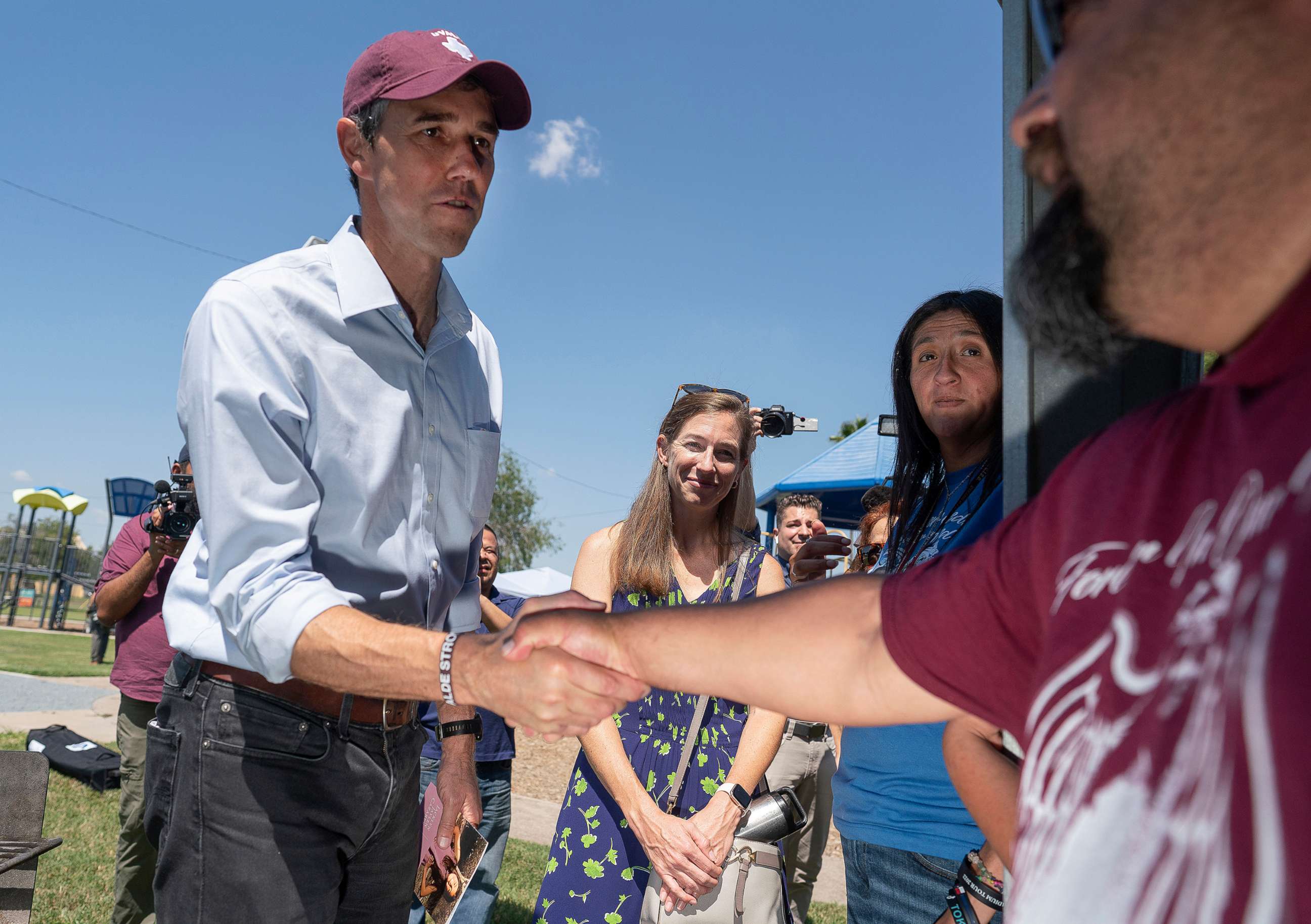 PHOTO: Texas gubernatorial candidate Beto O'Rourke and his wife Amy Hoover Sanders meet with some of the family members of the children who lost their lives at Robb Elementary school in Edinburg, Texas, Sept. 30, 2022.