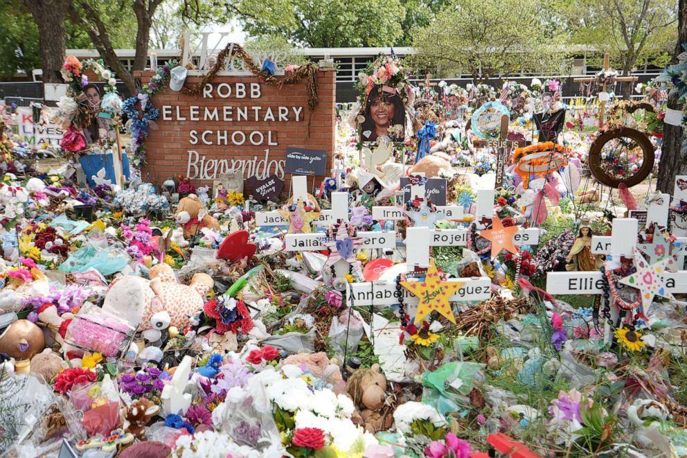 PHOTO: A memorial honoring the Uvalde school shooting victims remains in place at Robb Elementary School in Uvalde. Texas, Aug. 24, 2022.
