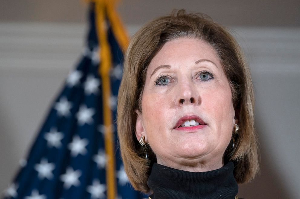 PHOTO:Attorney Sidney Powell speaks to the press about various lawsuits related to the 2020 election,  inside the Republican National Committee headquarters in Washington, Nov. 19, 2020. 