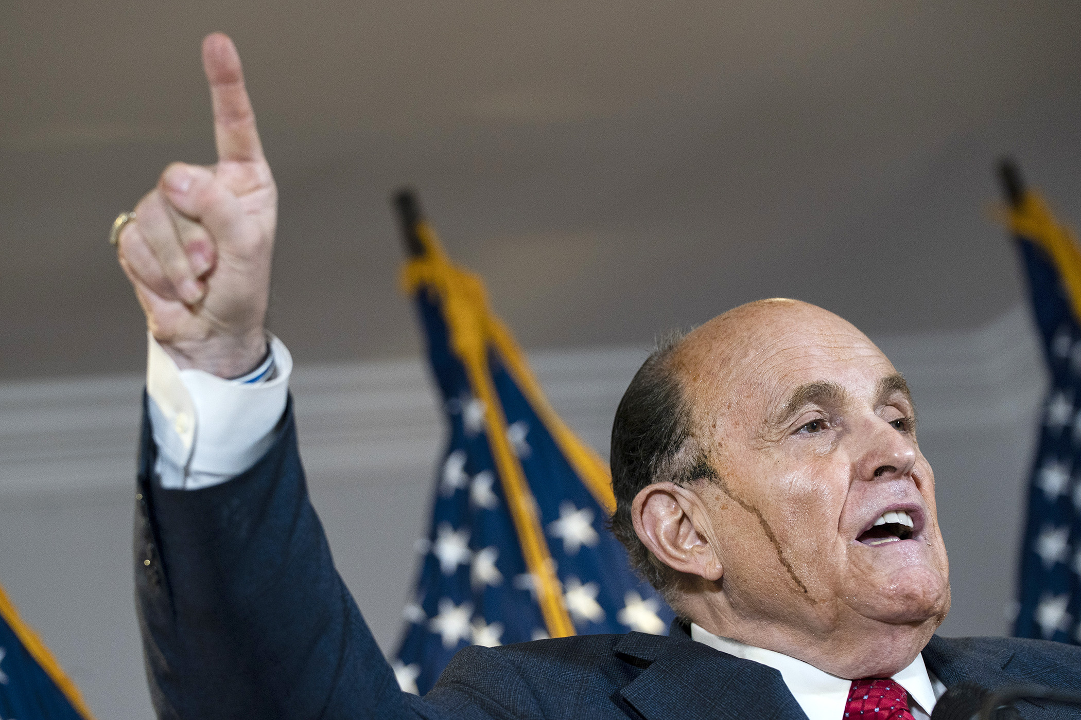 PHOTO: Rudy Giuliani speaks to the press about various lawsuits related to the 2020 election, inside the Republican National Committee headquarters in Washington, Nov. 19, 2020.