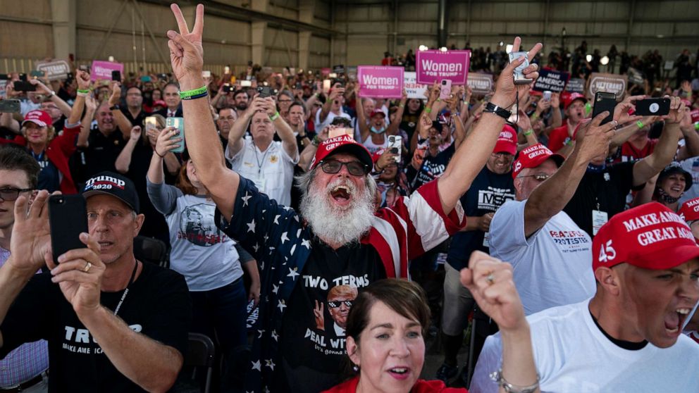 PHOTO: Supporters of President Donald Trump cheer as he arrives to speak during a campaign rally at Arnold Palmer Regional Airport, in Latrobe, Pa., Sept. 3, 2020.
