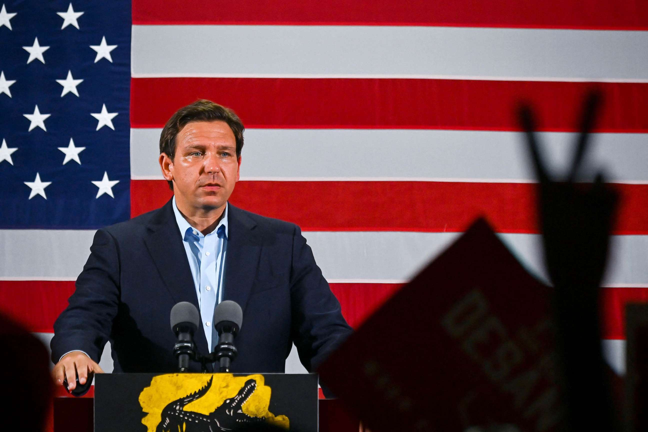 Florida Governor Ron DeSantis speaks during a "Unite and Win" event as he campaigns for re-electionon the eve of the US midterm elections, at Hialeah Park Clubhouse, in Hialeah, Fla, on Nov 7, 2022.