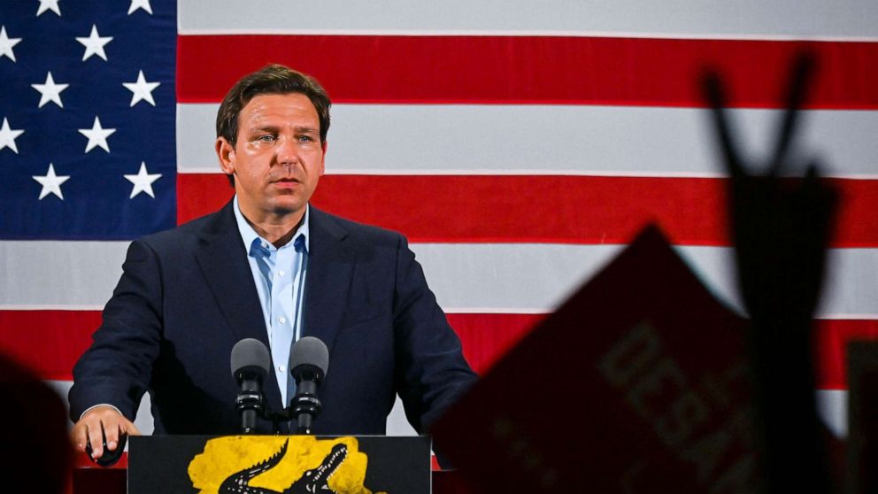 Florida Governor Ron DeSantis speaks during a "Unite and Win" event as he campaigns for re-electionon the eve of the US midterm elections, at Hialeah Park Clubhouse, in Hialeah, Fla, on Nov 7, 2022.