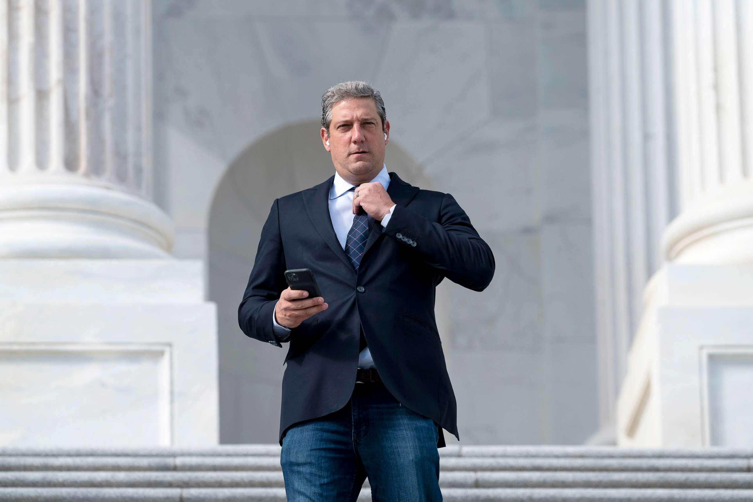 PHOTO: Rep. Tim Ryan walks down the House steps after the last vote of the week in the Capitol in Washington, Oct. 22, 2021.