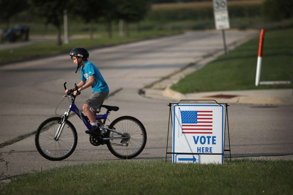 PHOTO: A sign marks the location of a polling place, Aug. 14, 2018 in Janesville, Wis. 