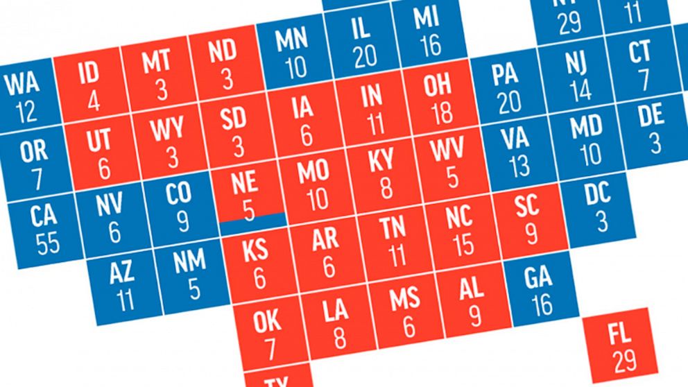 PHOTO: A map released by the Associated Press shows the Electoral College vote count as of 7:15 p.m. EST on Dec. 14, 2020. The map has been rotated and cropped by ABC.