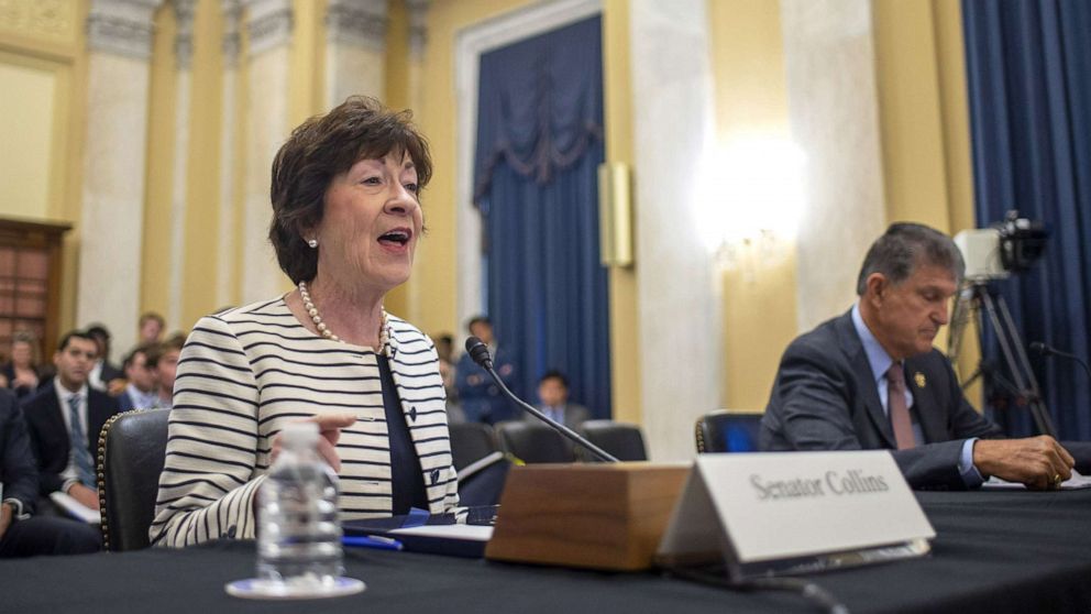 PHOTO: Sen. Susan Collins speaks as Sen. Joe Manchin looks on during a Senate Rules and Administration hearing examining on reforming the Electoral Count Act at the U.S. Capitol in Washington, D.C., Aug. 3, 2022.