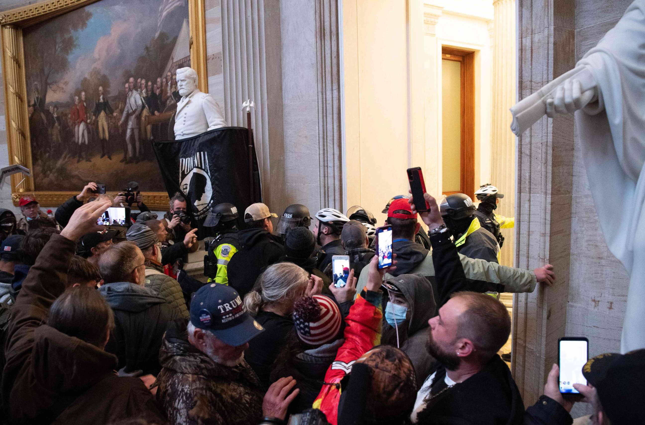 PHOTO: Supporters of President Donald Trump protest in the US Capitol's Rotunda, Jan. 6, 2021, in Washington, DC.