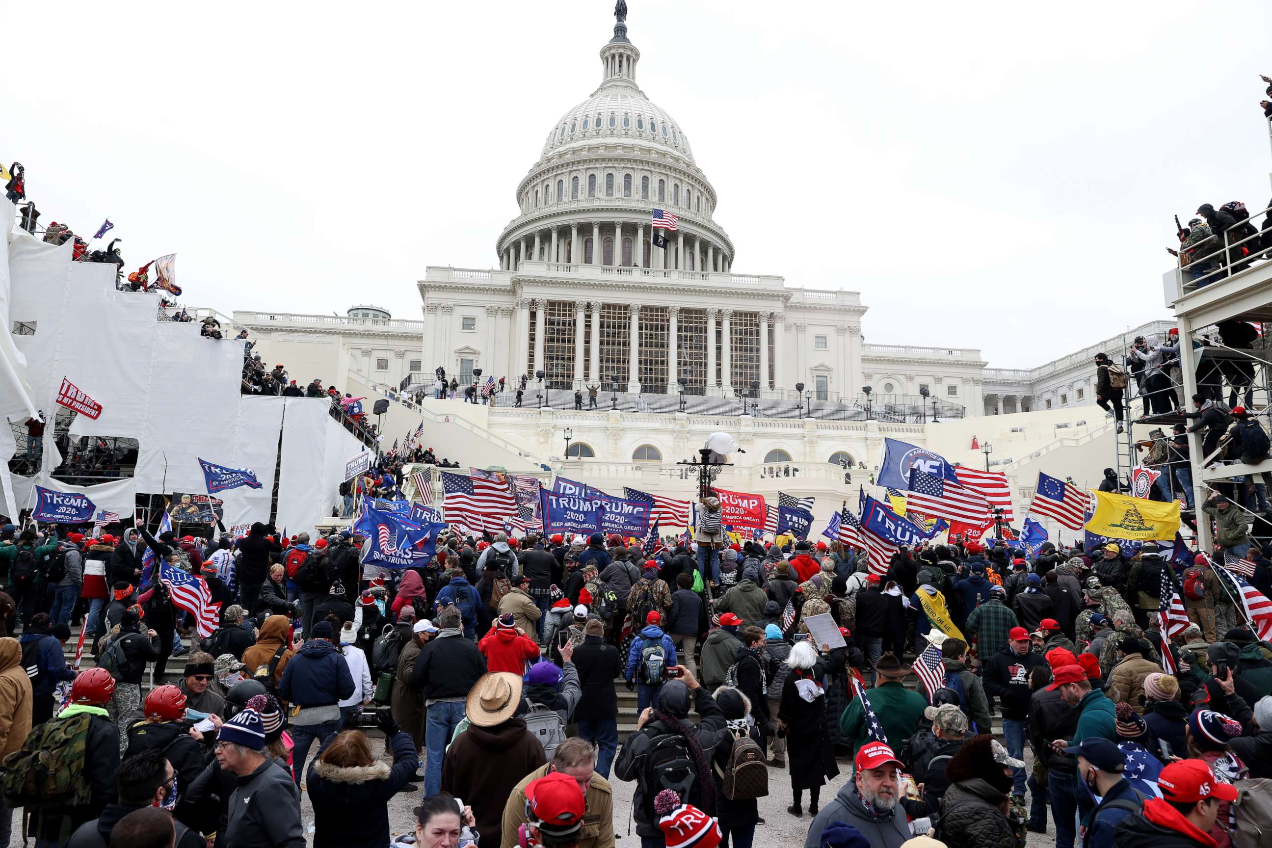 PHOTO: Protesters gather outside the U.S. Capitol Building, Jan. 6, 2021, in Washington, DC.