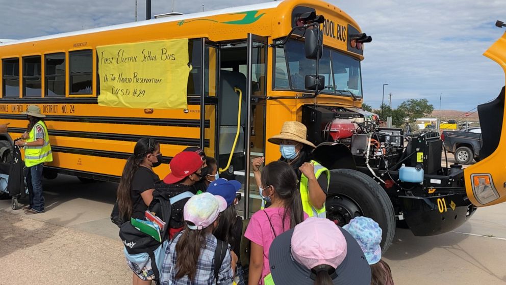 PHOTO: In this Sept. 15, 2022, file photo, Blue Bird delivered its first electric school bus to Chinle Unified School District in Arizona, the largest school district in the Navajo Nation.