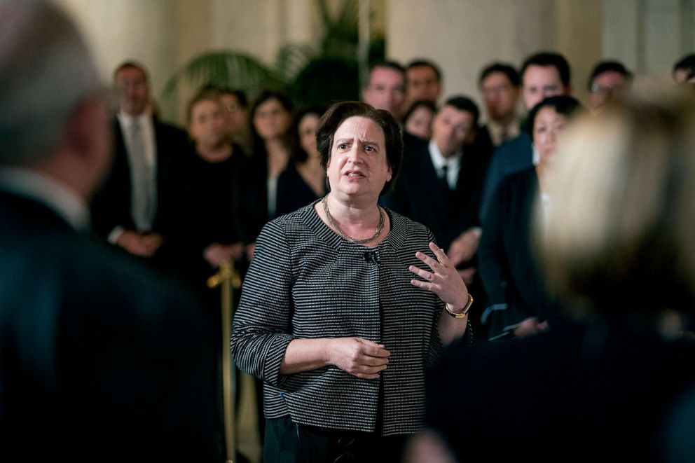 PHOTO: Associate Justice Elena Kagan speaks at a private ceremony in the Great Hall of the Supreme Court in Washington, July 22, 2019, where late Supreme Court Justice John Paul Stevens lies in repose.