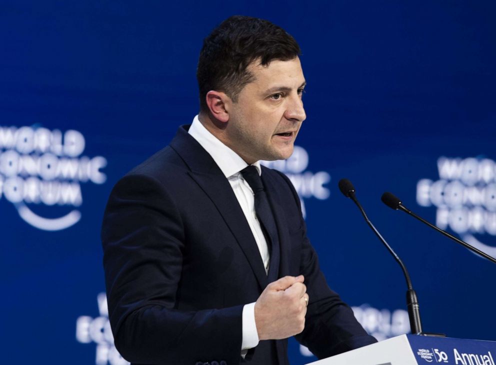 PHOTO: President of Ukraine Volodymyr Zelenskyy speaks during a plenary session of the 50th annual meeting of the World Economic Forum in Davos, Switzerland on Jan. 22, 2020.