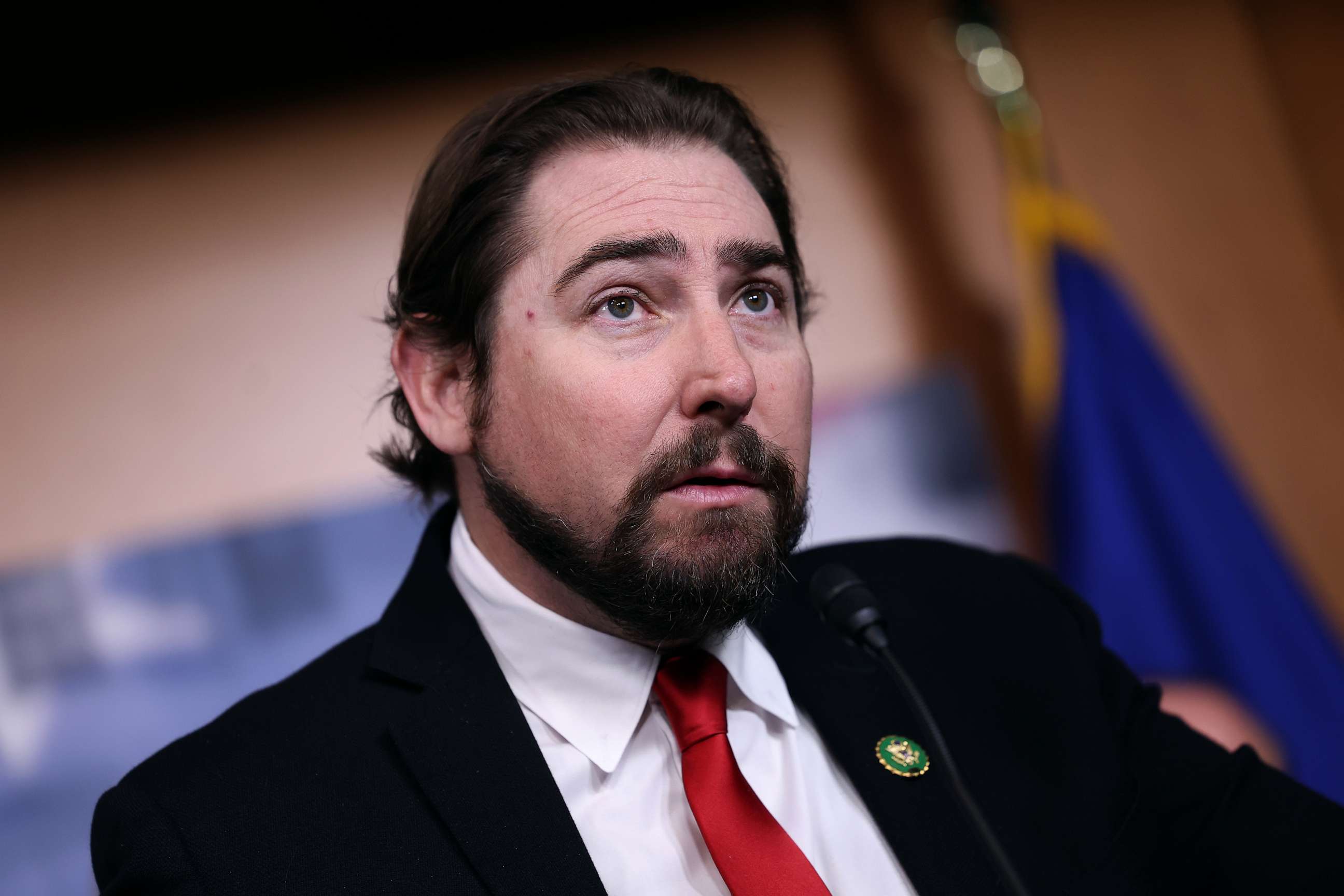 PHOTO: Rep. Eli Crane speaks at a press conference on the debt limit and the Freedom Caucus's plan for spending reduction at the U.S. Capitol on March 28, 2023 in Washington, DC.