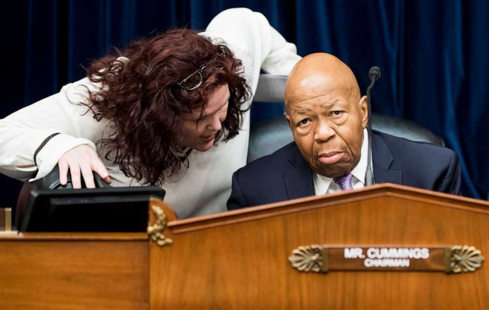 PHOTO: Chairman Elijah Cummings speaks with staff before the start of the House Oversight and Reform Committee markup of a resolution authorizing issuance of subpoenas related to security clearances and the 2020 Census on April 2, 2019.