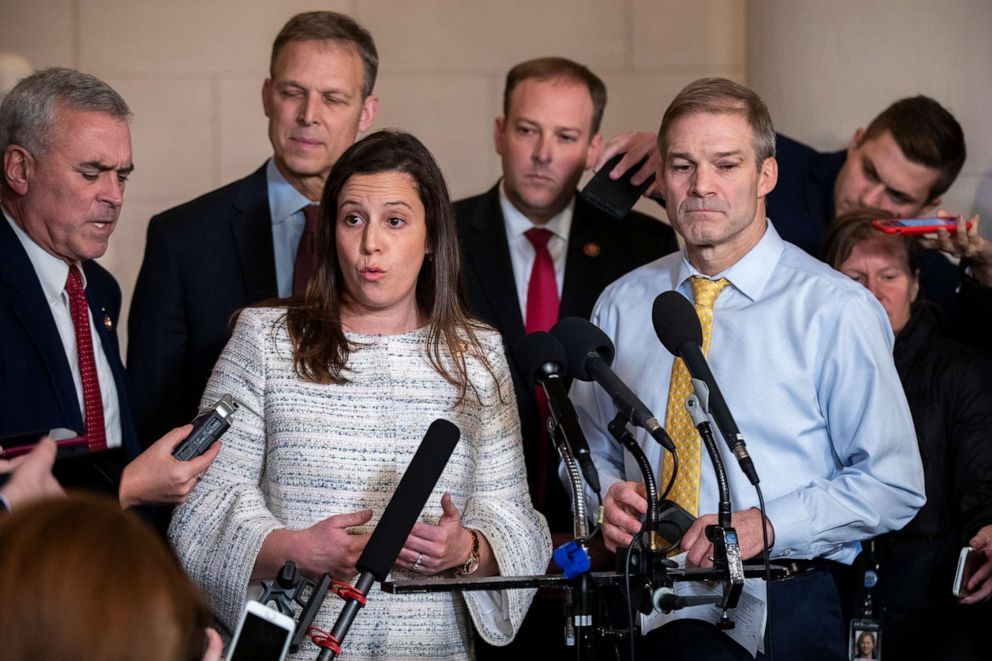 PHOTO: Rep. Elise Stefanik, R-N.Y., speaks to members of the media as they conclude the testimony of U.S. Ambassador to the European Union Gordon Sondland on Capitol Hill, Nov. 20, 2019. 