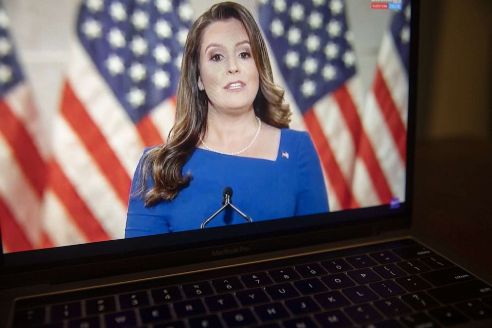 PHOTO: Rep. Elise Stefanik speaks during the Republican National Convention seen on a laptop computer in Tiskilwa, Ill., Aug. 26, 2020.