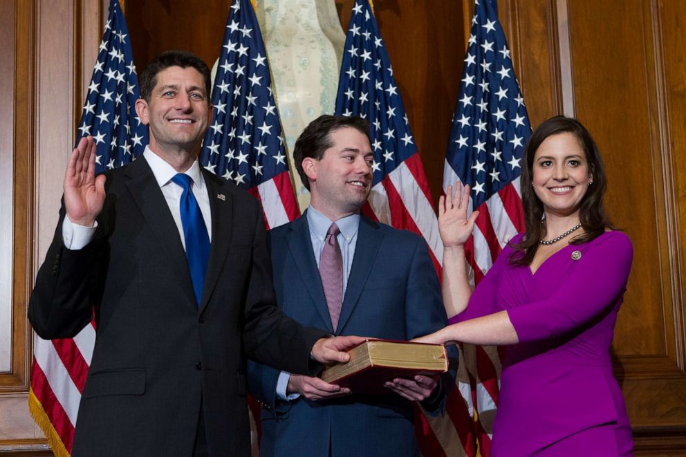 PHOTO: House Speaker Paul Ryan administers the House oath of office to Rep. Elise Stefanik during a mock swearing in ceremony on Capitol Hill, Jan. 3, 2017.