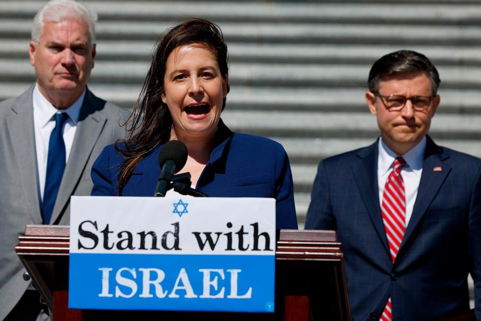 PHOTO: Majority Whip Tom Emmer, R-Minn., Rep. Elise Stefanik, R-N.Y., and Speaker of the House Mike Johnson, R-La., call on the Senate to take up the Israel Security Assistance Support Act during a news conference on May 16, 2024, in Washington, D.C.