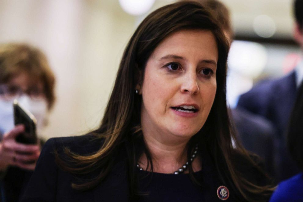 Rep. Elise Stefanik, R-N.Y., leaves a House Republican Caucus candidates forum for GOP conference chair, the third ranking leadership position, on May 13, 2021.