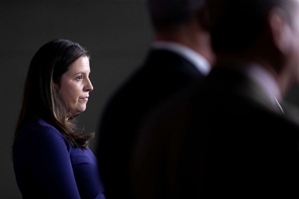 PHOTO: House Republican Conference Chair Rep. Elise Stefanik listens during a news conference on Fentanyl with fellow Republicans on Capitol Hill in Washington, Feb. 8, 2022.