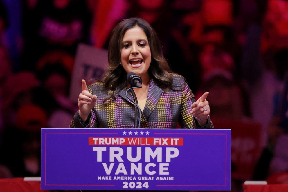 PHOTO: Rep. Elise Stefanik speaks during a rally for Republican presidential nominee and former President Donald Trump at Madison Square Garden, in New York, Oct. 27, 2024. 