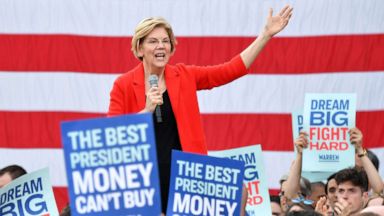 PHOTO: Democratic presidential candidate Elizabeth Warren gestures as she speaks during a campaign stop at George Mason University in Fairfax, Virginia on May 16, 2019.