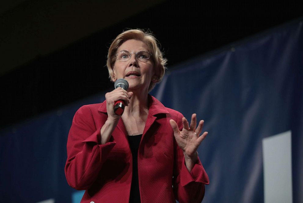 PHOTO: Democratic presidential candidate Senator Elizabeth Warren speaks at the Iowa Democratic Party's Hall of Fame Dinner on June 9, 2019 in Cedar Rapids, Iowa.