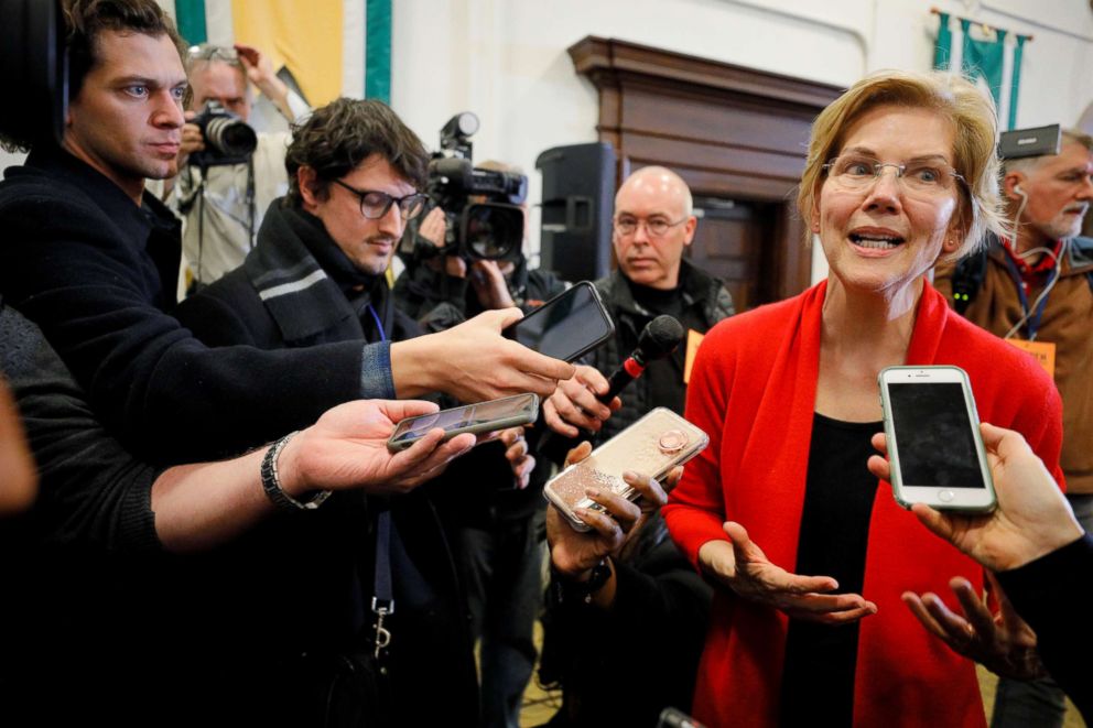 PHOTO: U.S. Senator Elizabeth Warren answers questions from reporters after speaking at Plymouth State University in Plymouth, N.H., Feb. 23, 2019.