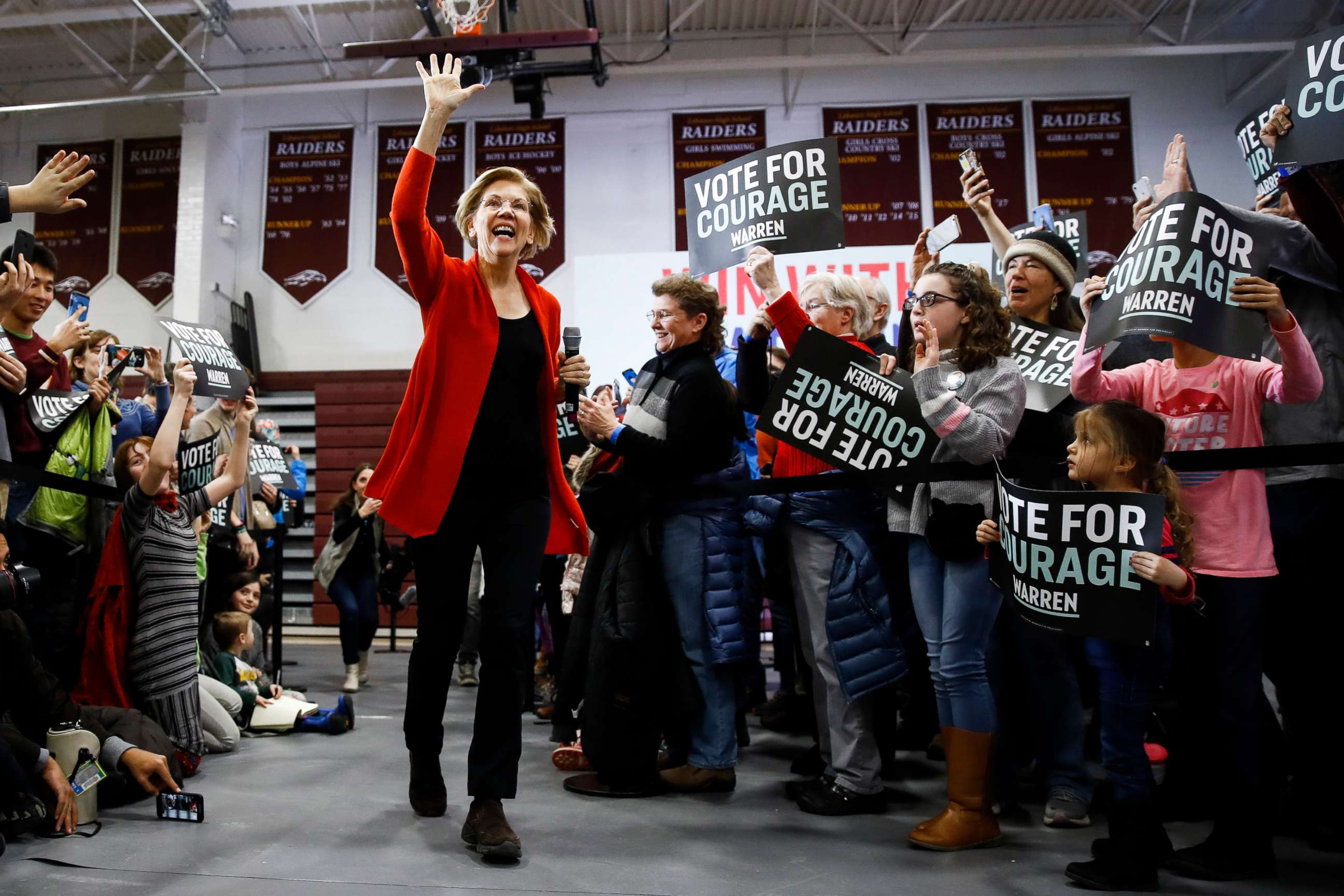 PHOTO: Democratic presidential candidate Sen. Elizabeth Warren, D-Mass., arrives for a campaign event at Lebanon High School, Feb. 9, 2020, in Lebanon, N.H. 